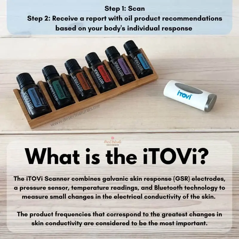 6 bottles of doTERRA essential oils in a wooden rack with an itovi scanner