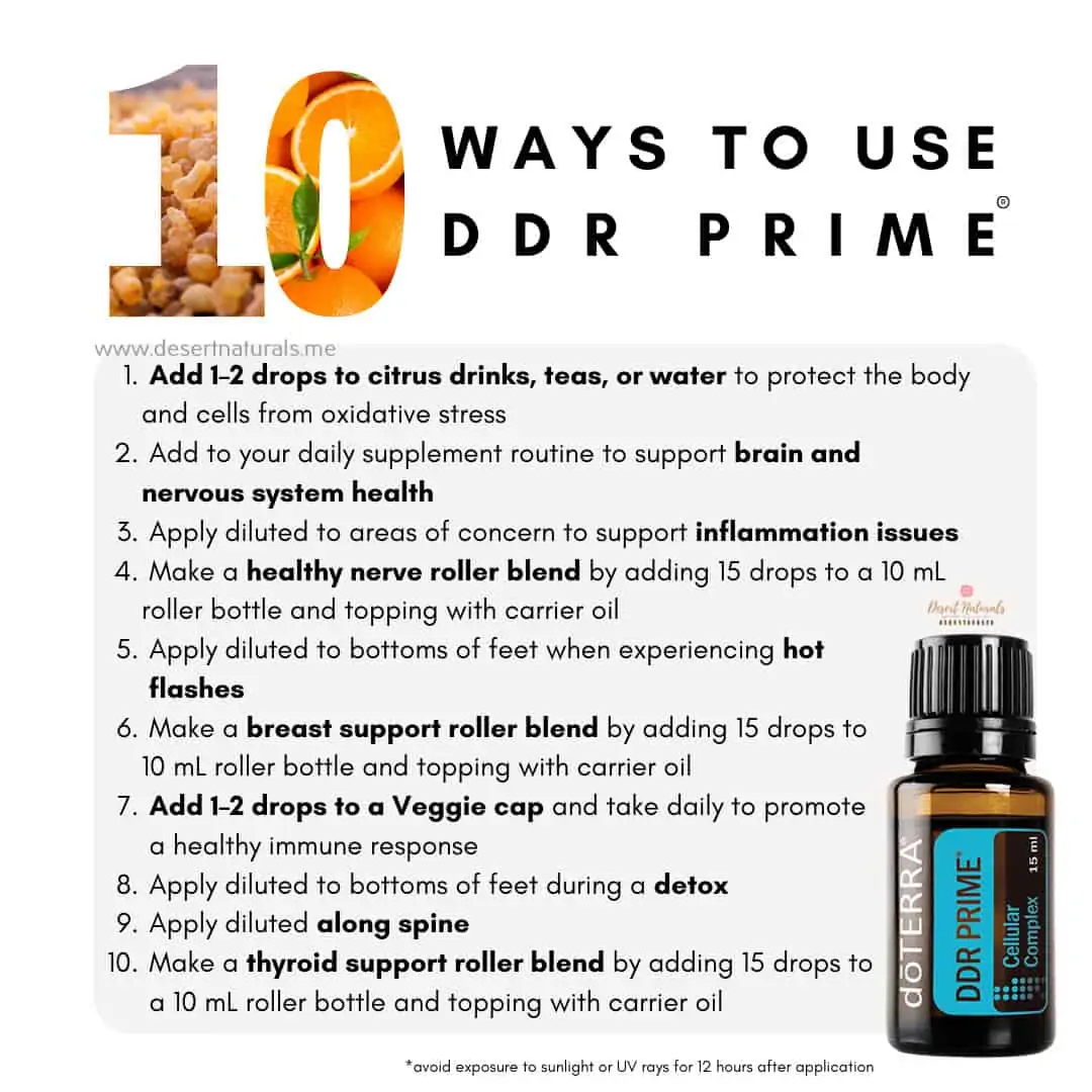 a list of 10 ways to use doTERRA ddr prime with a 15ml bottle of the essential oil