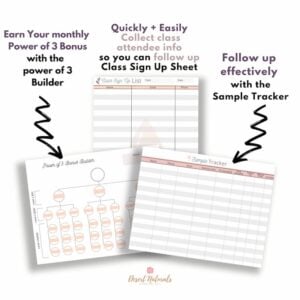 images of sample tracker, class sign up sheet and power of 3 builder pages from the doterra business binder