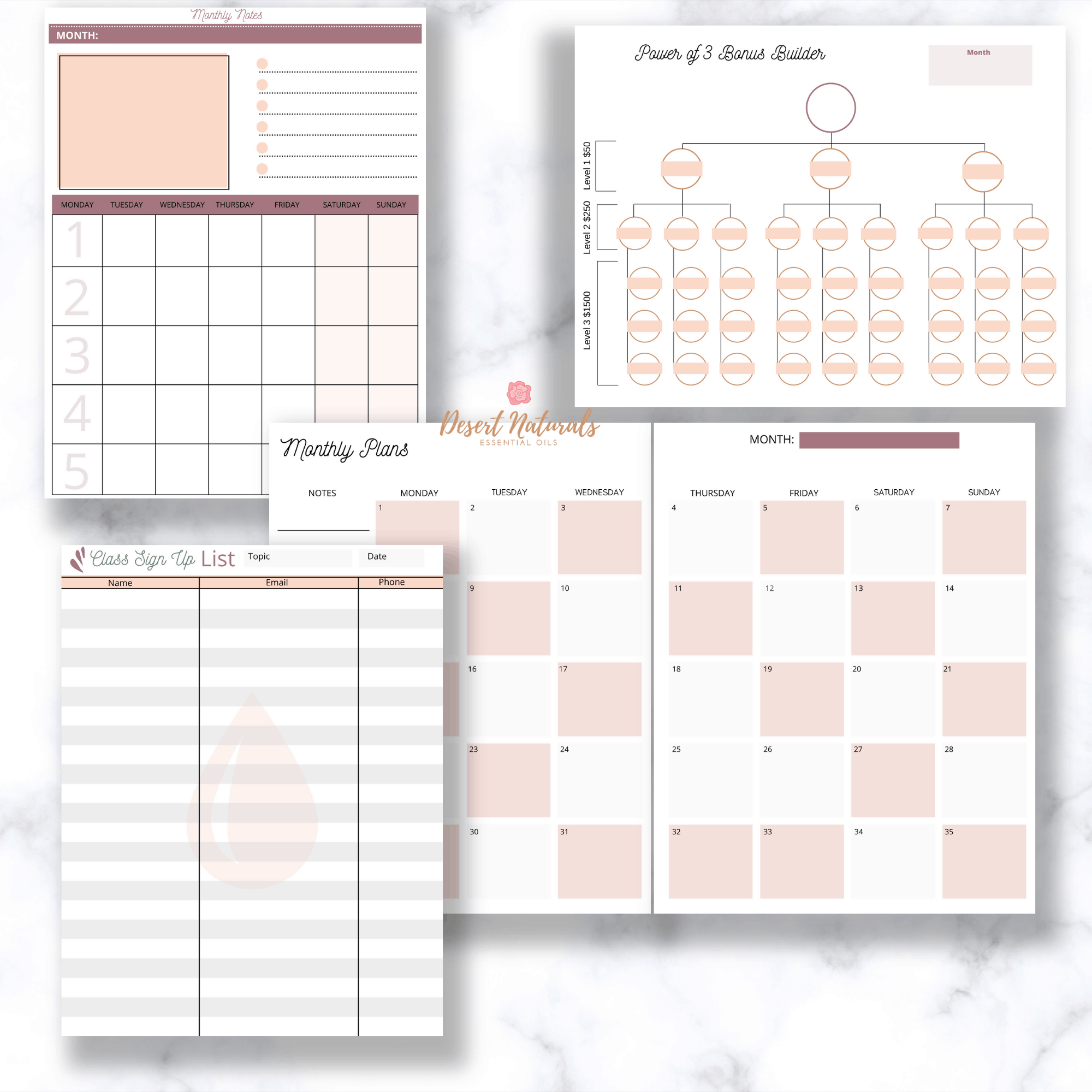 power of three bonus planner, class sign up sheet, and monthly planners from the doterra essential oil business planner and binder