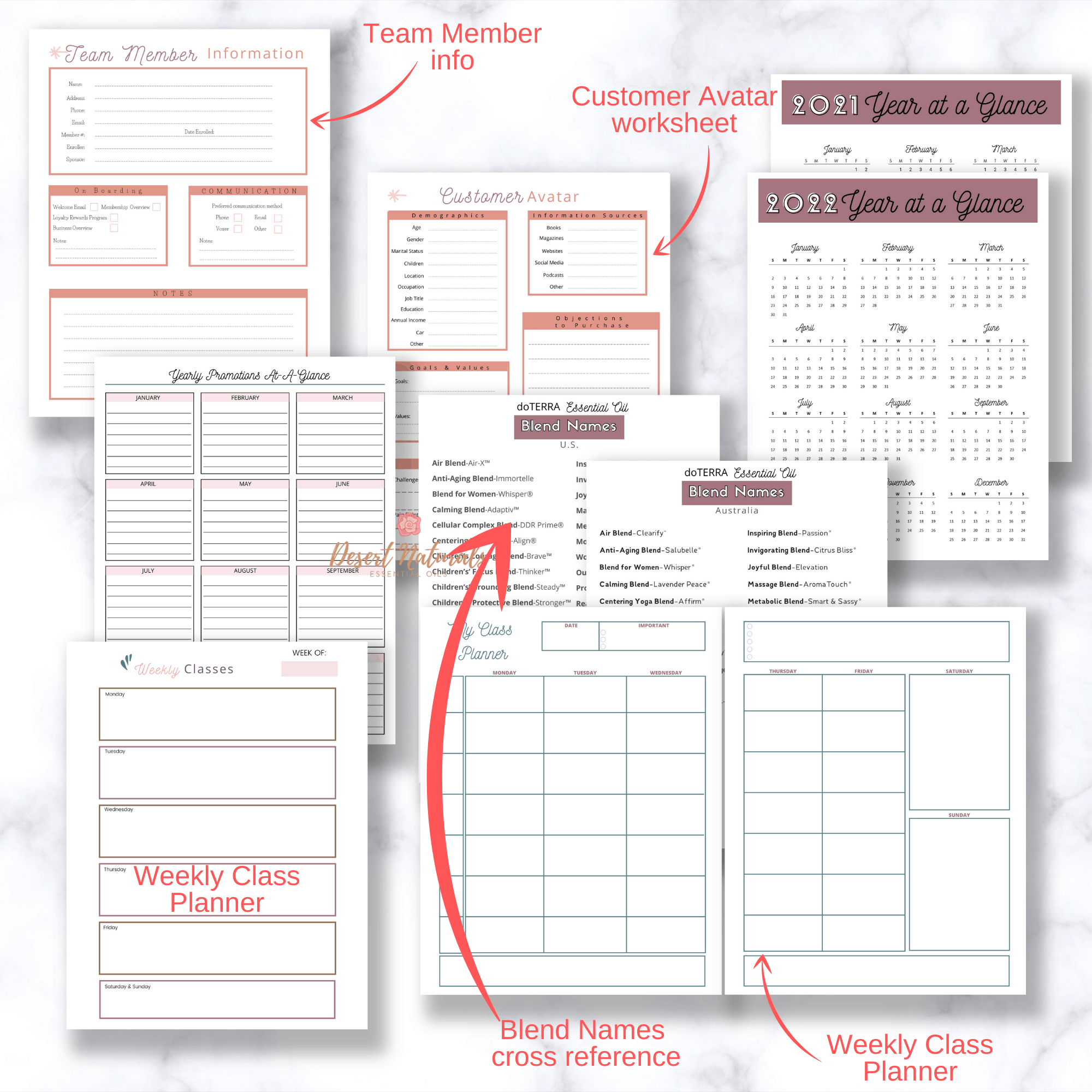 weekly class planner, customer avatar, team member info sheets from the doterra business planner