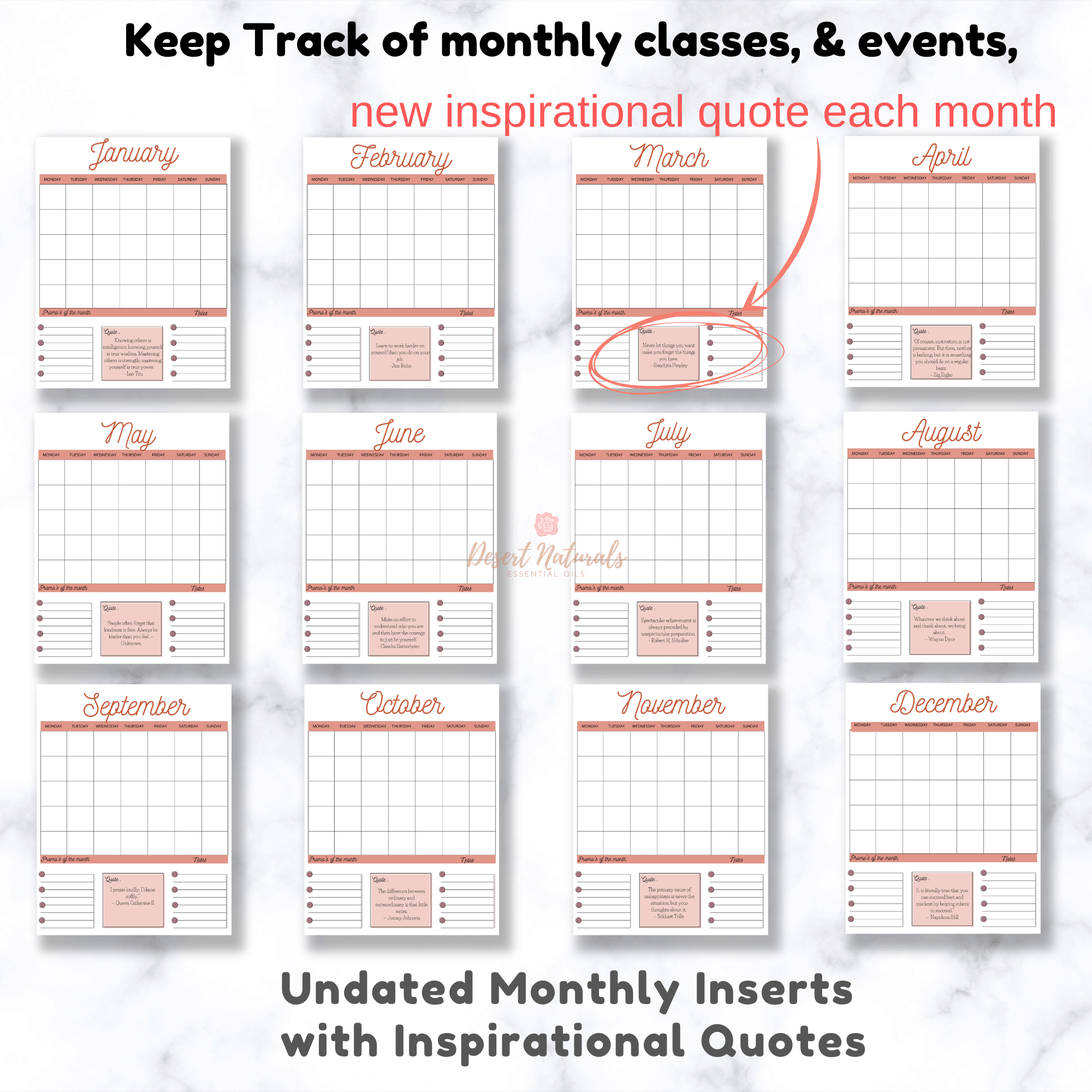 undated monthly class planner pages from the doterra business planner