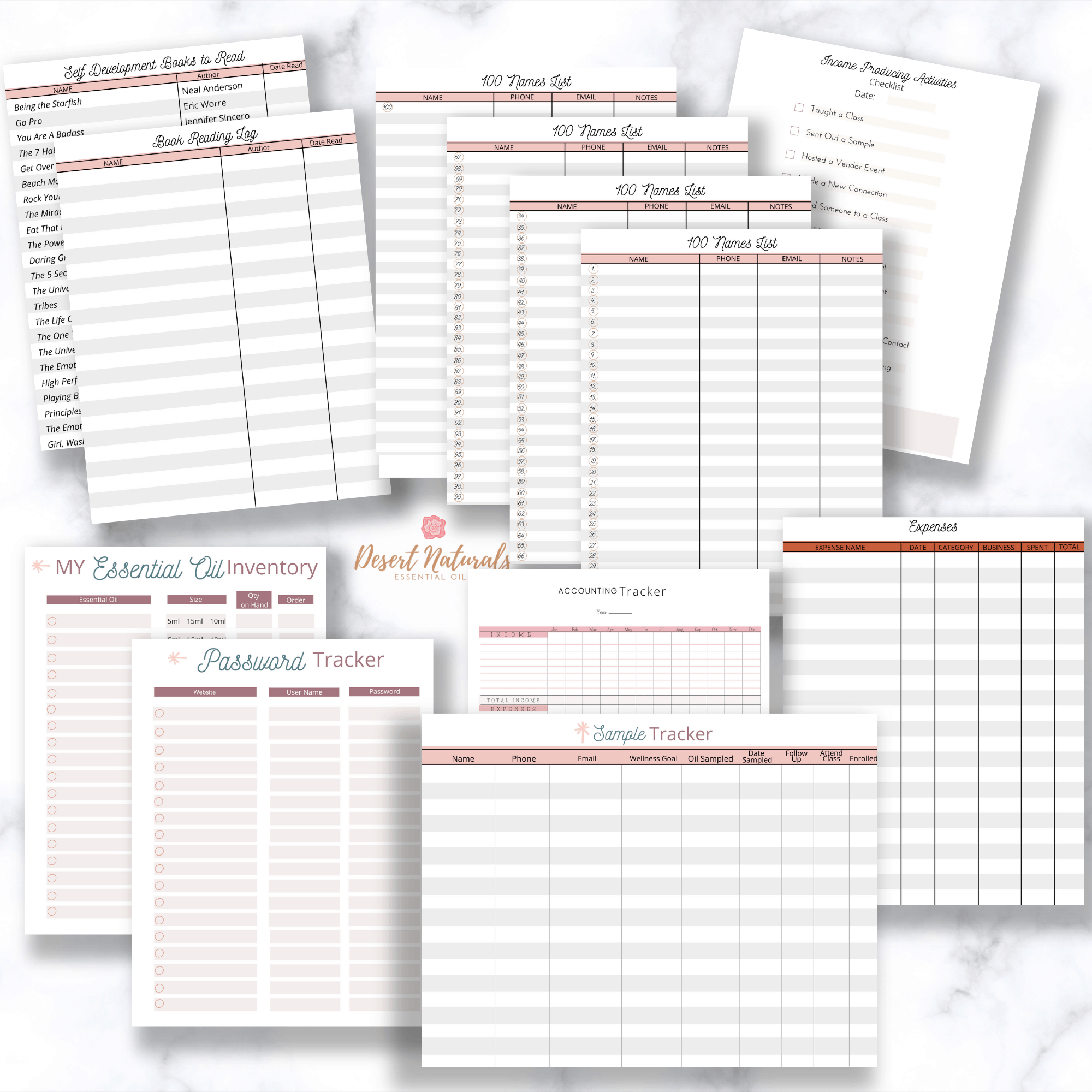 pages from the doterra business notebook including sample tracker