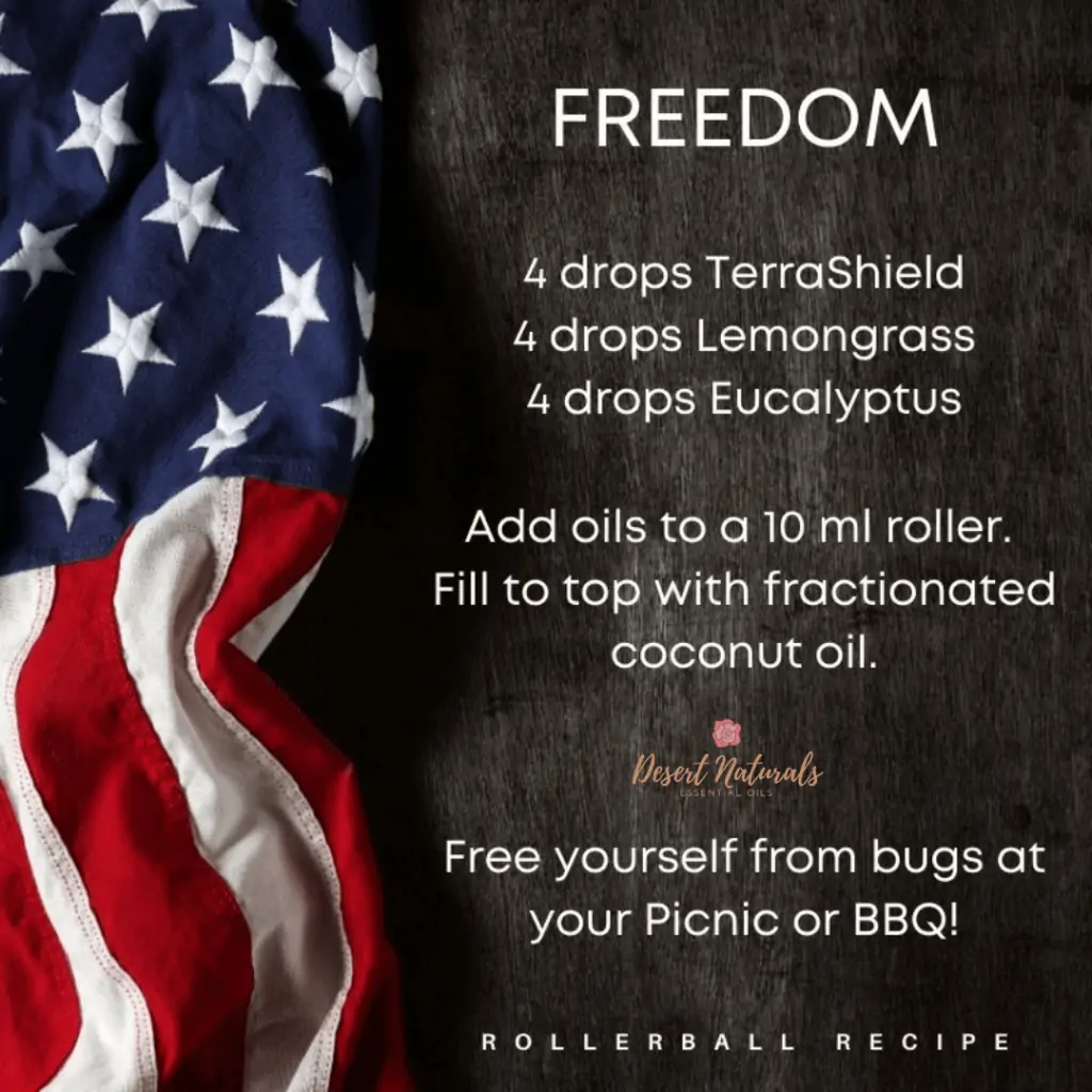freedom bug bite repellant rollerball recipe with flag on the side 4th of july theme