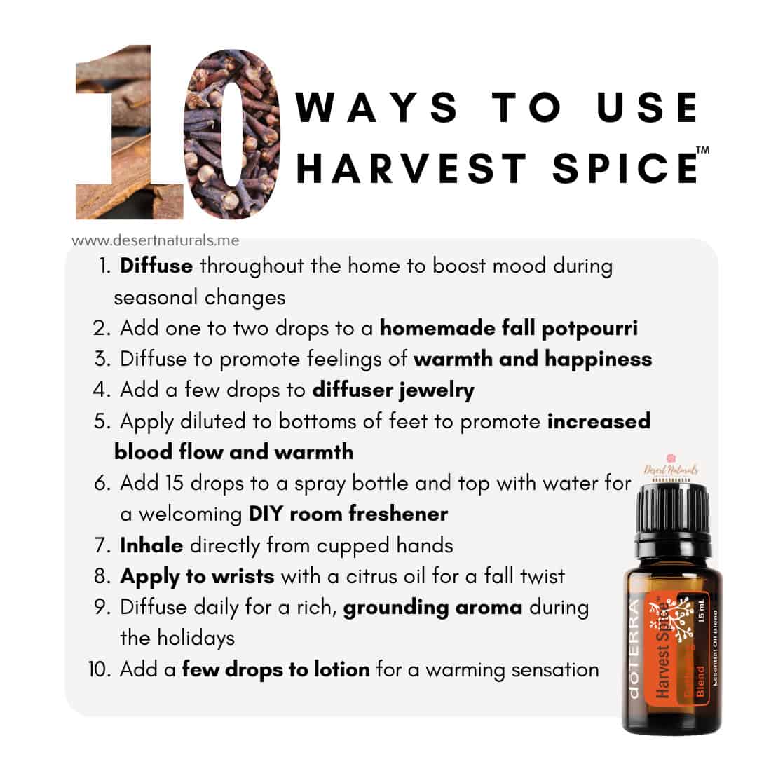 a list of 10 ways to use doterra harvest spice with a bottle of the essential oil