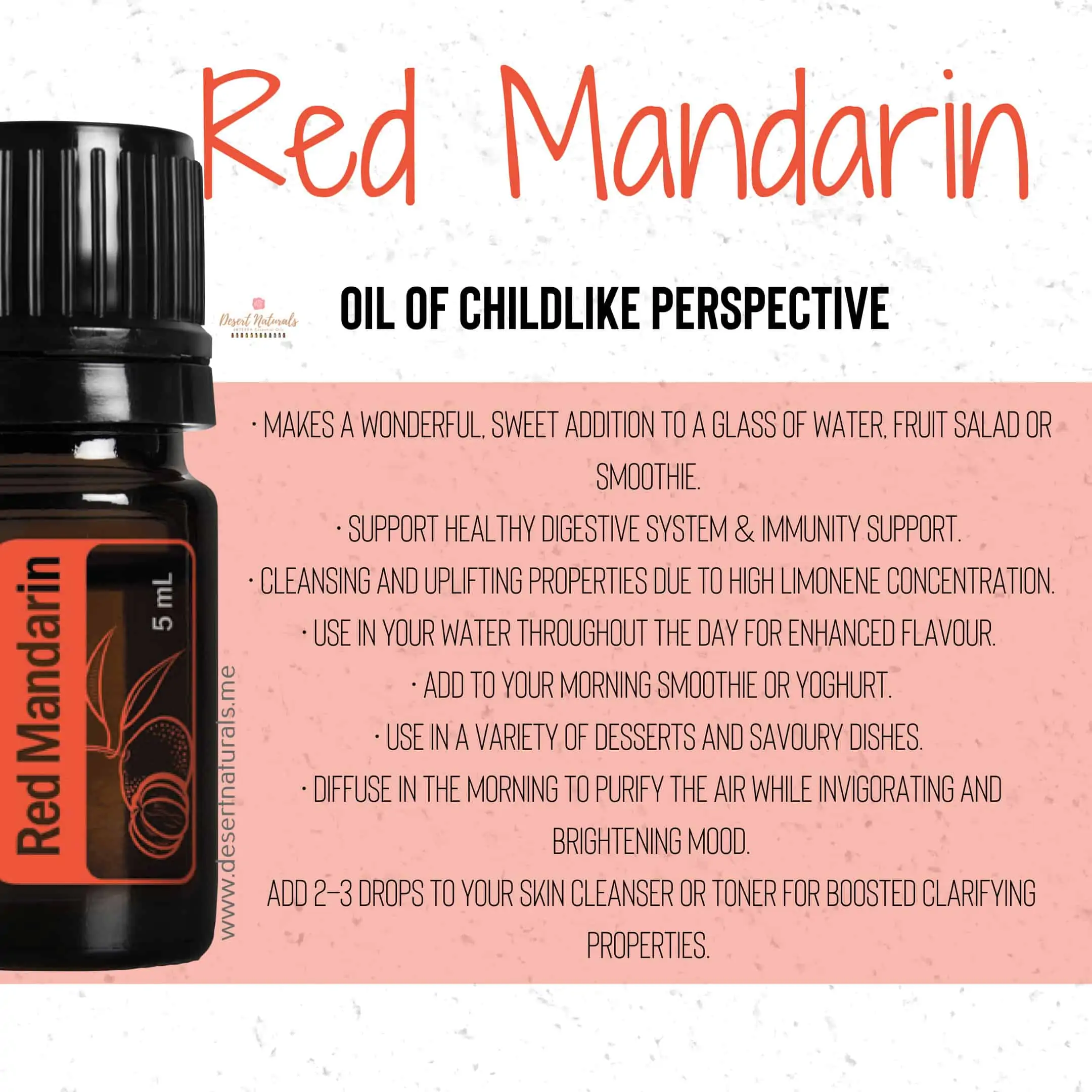 a list of some of the benefits of doterra red mandain essential oil with an image of the 5ml bottle of essential oil