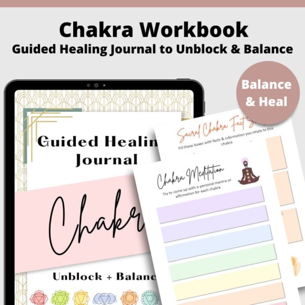 ipad with Chakra healing journal and 2 printable pages from the workbook