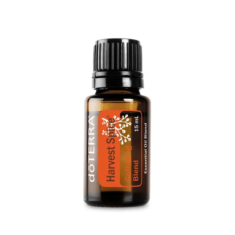 doterra harvest spice white background with bottle of doTERRA Harvest Spice fall essential oil blend