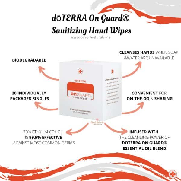 box of doTERRA on guard hand wipes with text surrounding describing the benefits