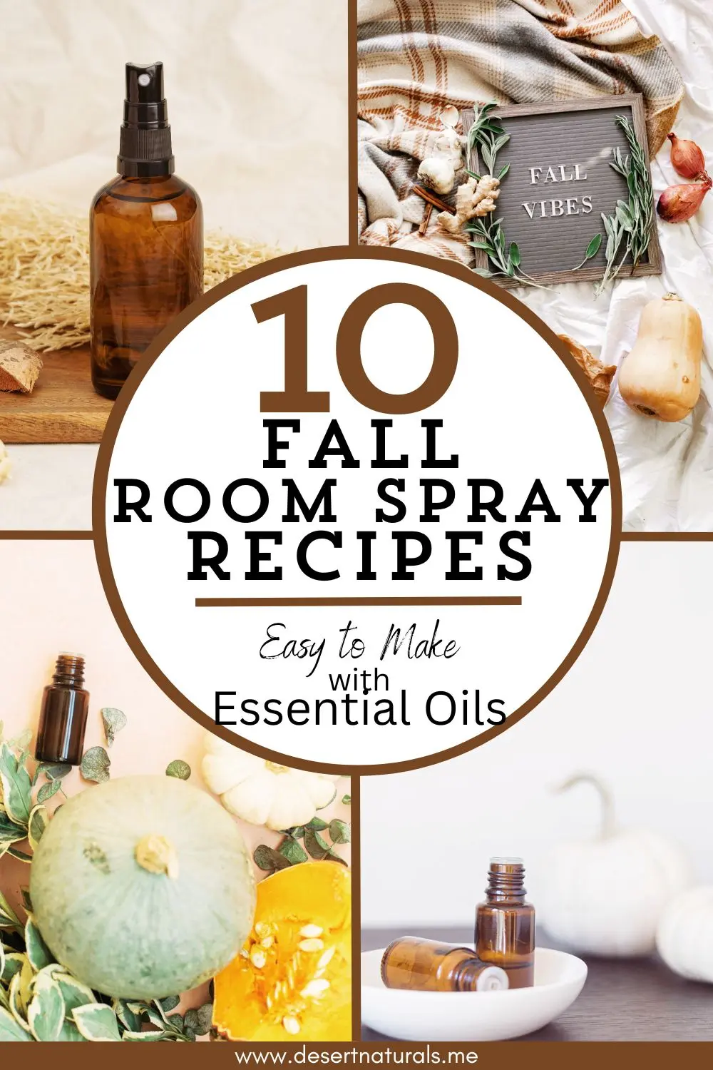 collection of fall scenes, pumpkins, and essential oil spray bottles