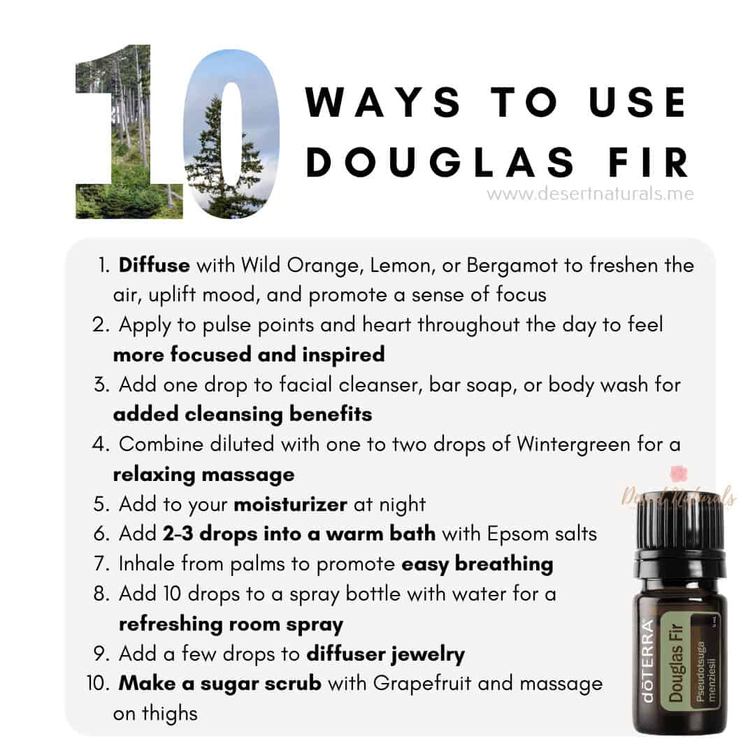 a list of 10 ways to use douglas fir essential oil with a 5 ml bottle of doterra douglas fir essential oil
