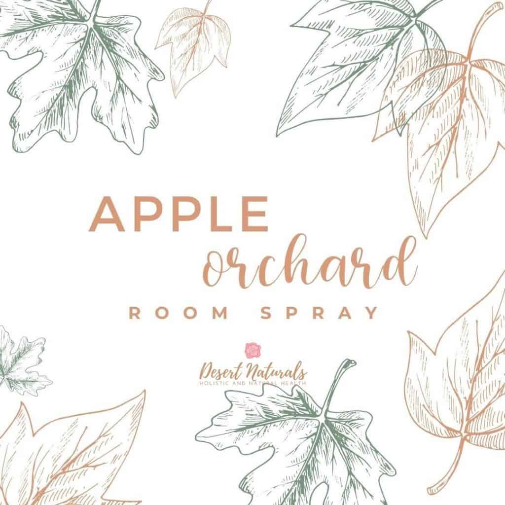 hand drawn leaves on white background with text apple orchard room spray