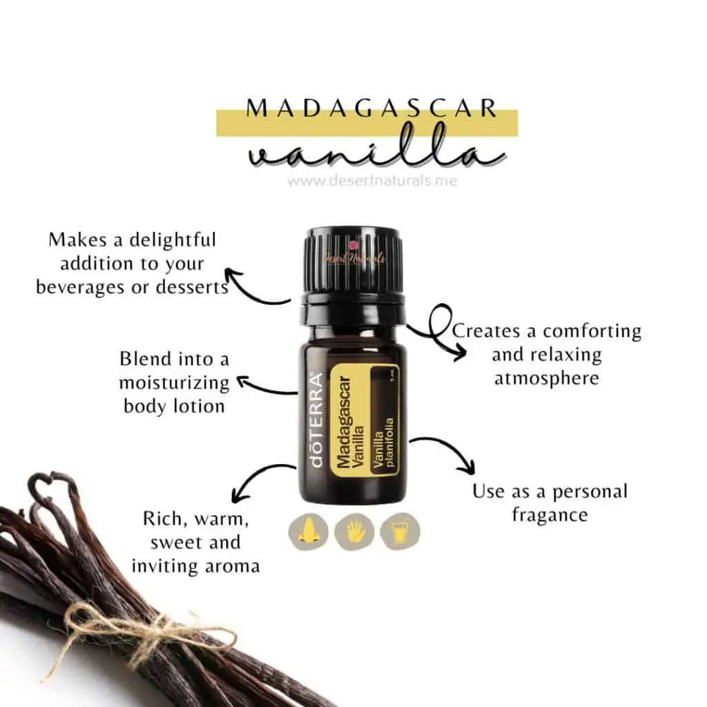 bundle of vanilla pods on white background, bottle of doterra vanilla, and text of the benefits of the essential oil