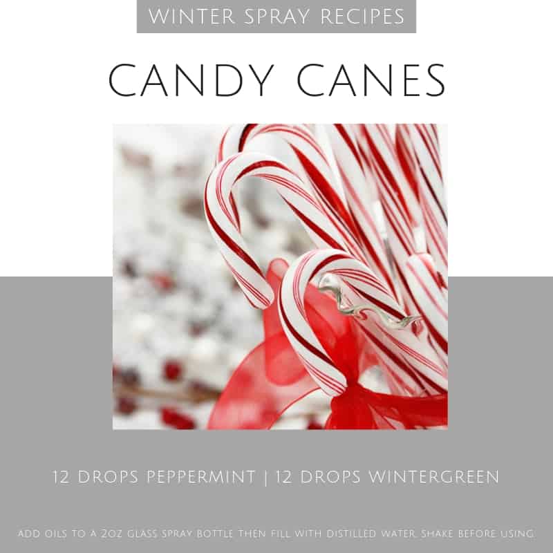 a bunch of candy canes tied with a red ribbon with a minty essential oil spray recipe