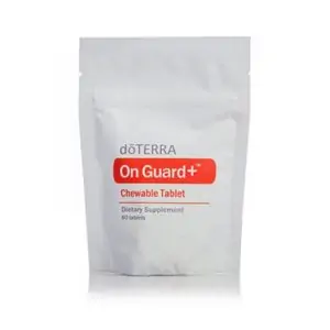 white background with image of bag of doterra on guard chewable tablets
