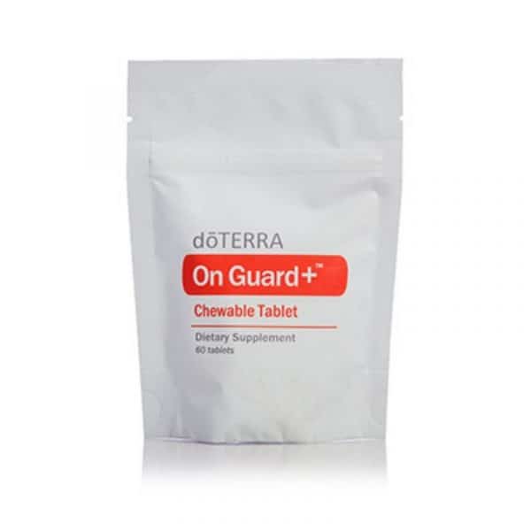 white background with image of bag of doterra on guard chewable tablets