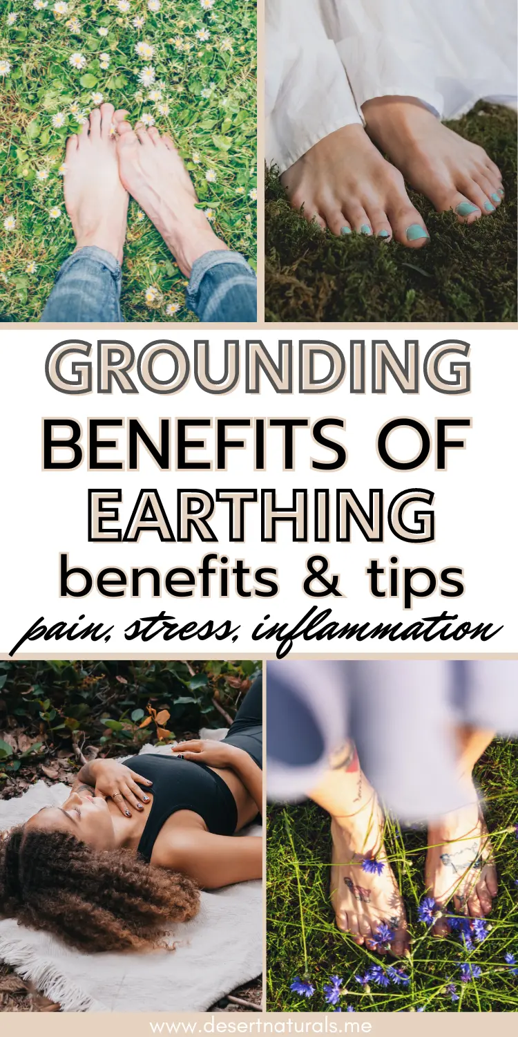 a collage of a woman lying on grass, and feet in grass for grounding and earthing