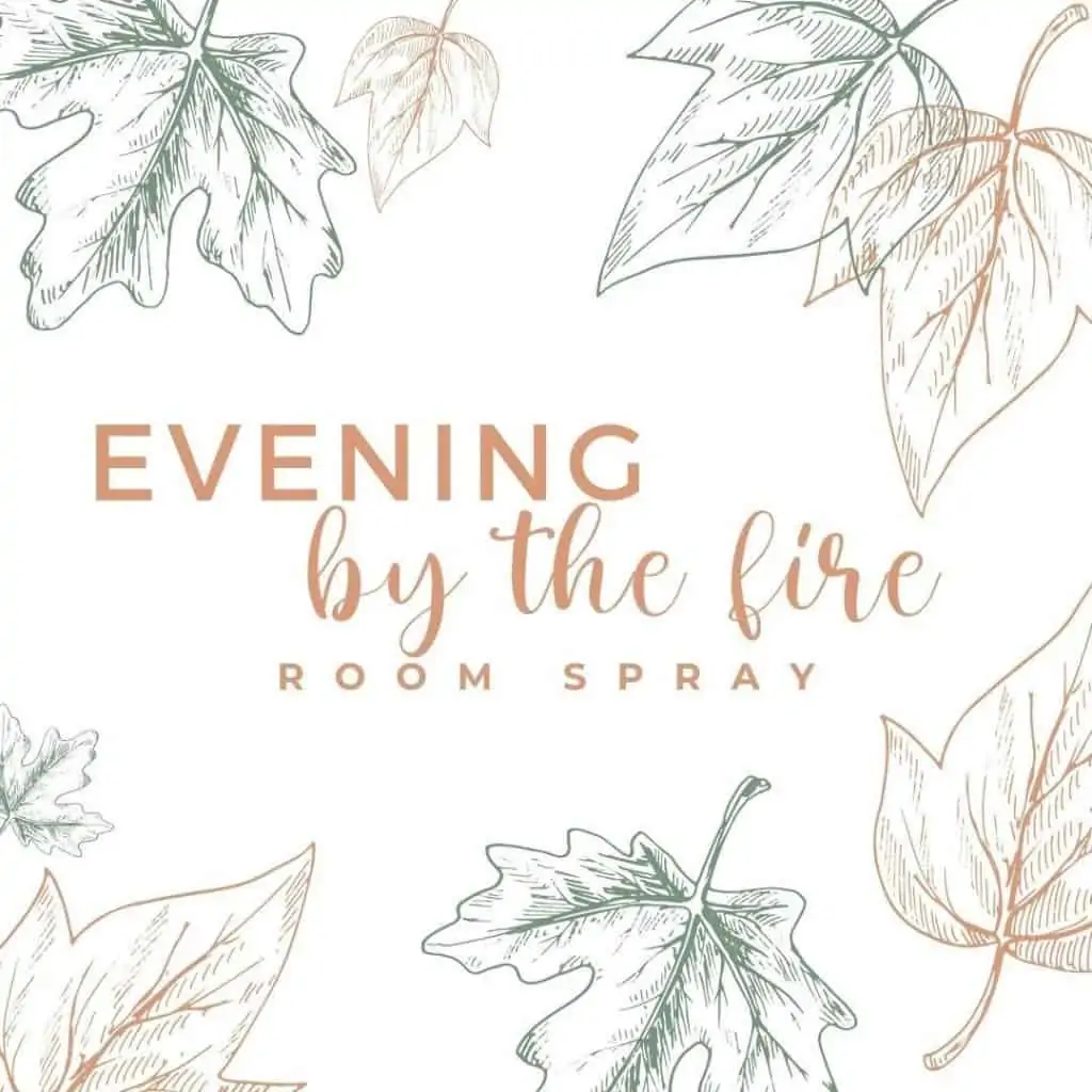 hand drawn leaves on white background with text evening by the fire room spray