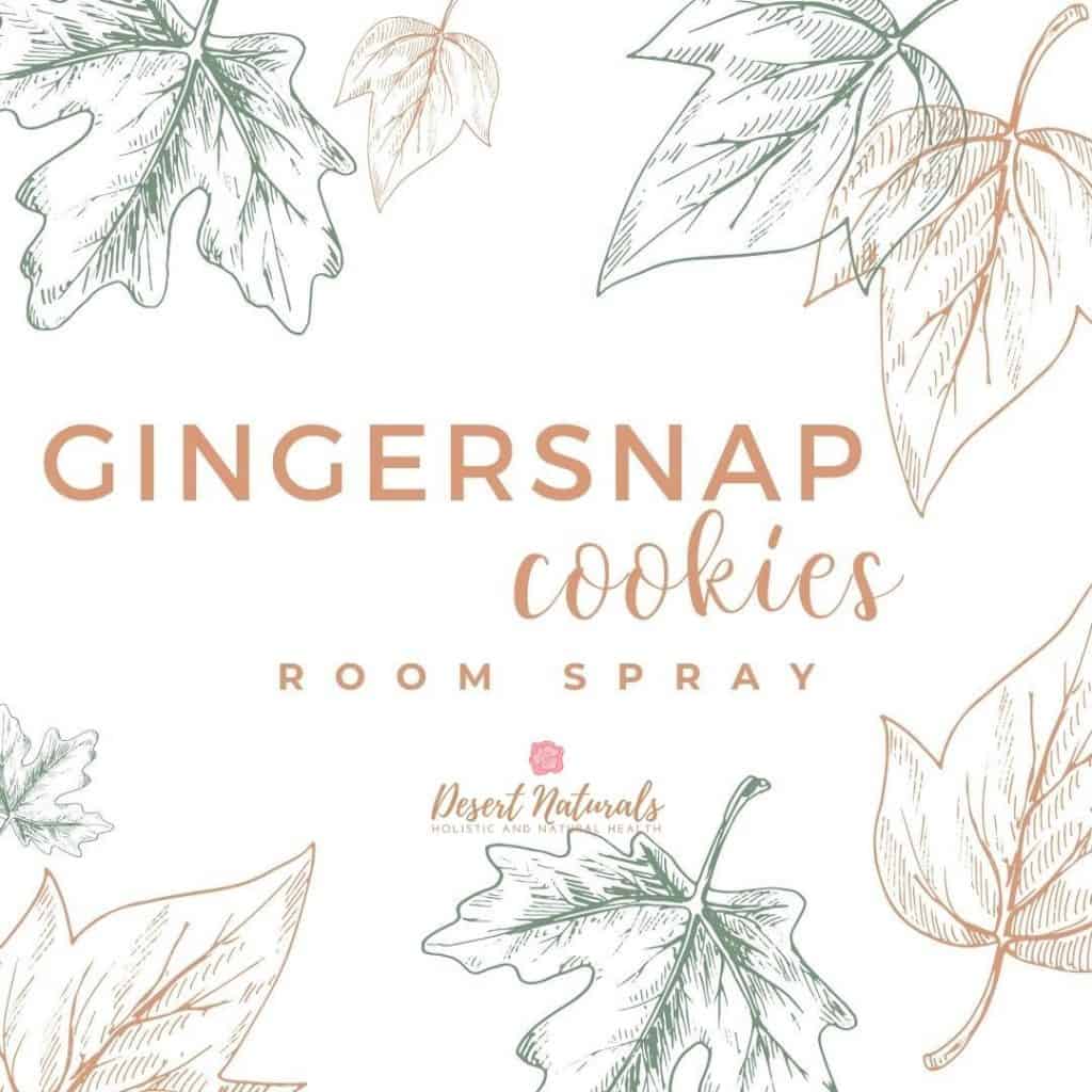 hand drawn leaves on white background with text Gingersnap cookies room spray