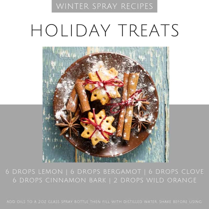a bowl of sugar cookies and cinnamon sticks with a Holiday essential oil spray recipe