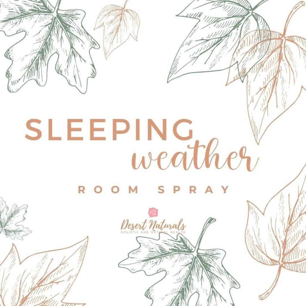 hand drawn leaves on white background with text sleeping weather room spray