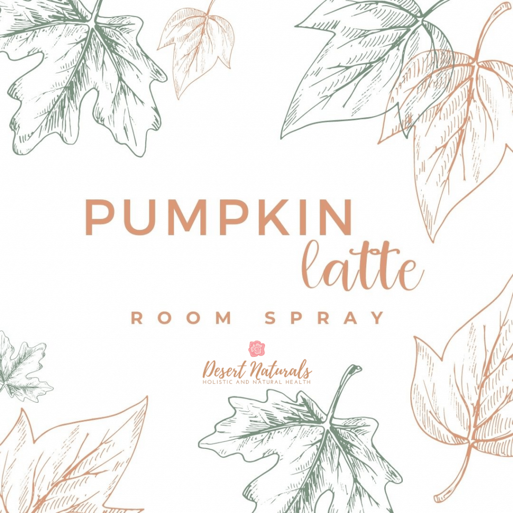 hand drawn leaves on a white background and text Pumpkin Latte essential oil Room Spray