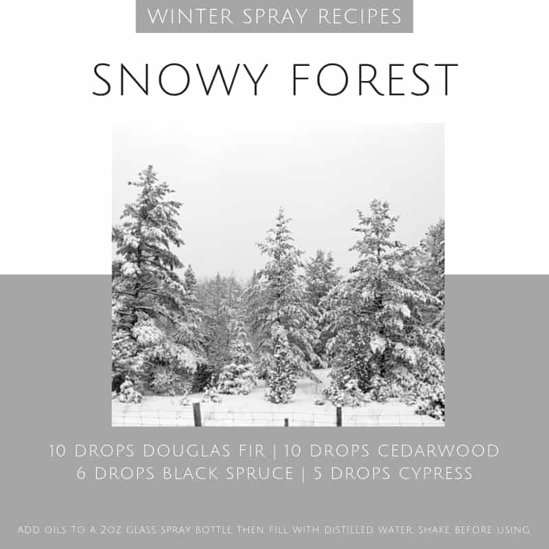 white and grey background with image of snowy trees and recipe for an essential oil room spray