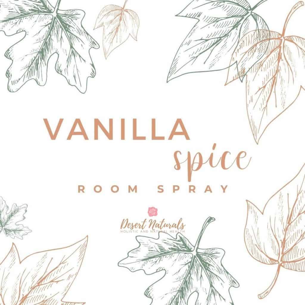 hand drawn leaves on white background with text vanilla spice room spray