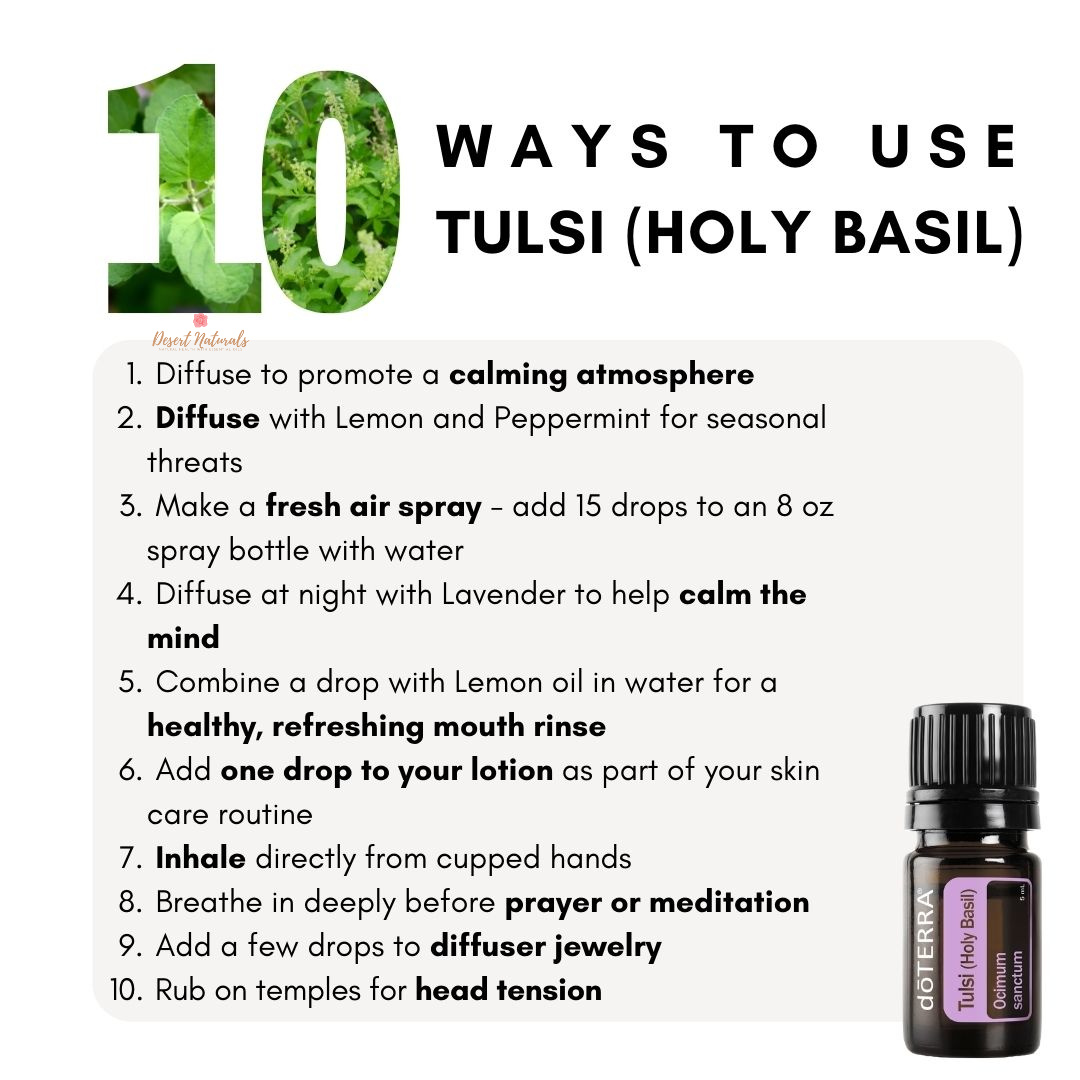 a list of 10 way to use doterra Tulsi Holy Basil essential oil