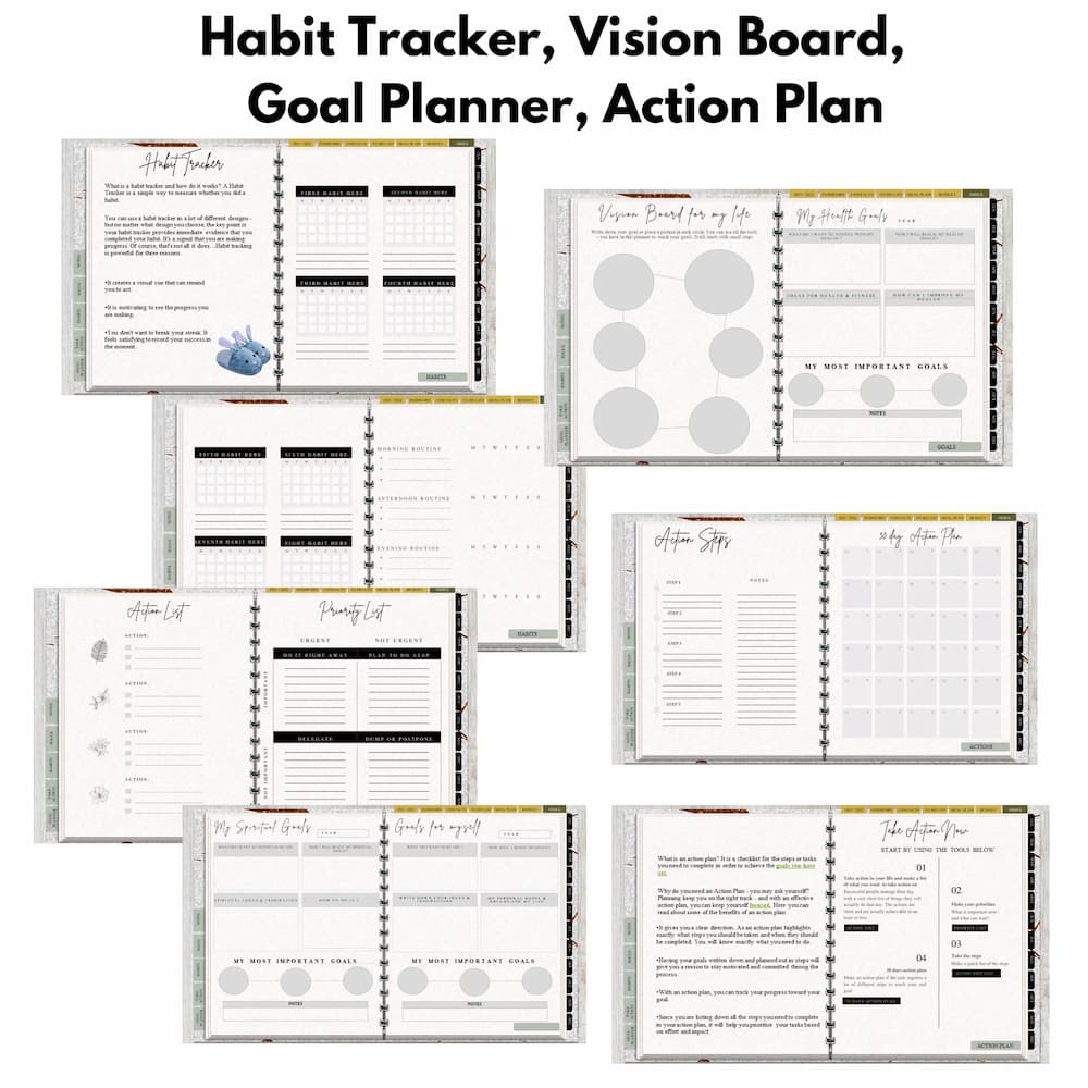 screen shots of the habits tracker, vision board, goal planner and action plan for the zodiac pisces undated digital planner
