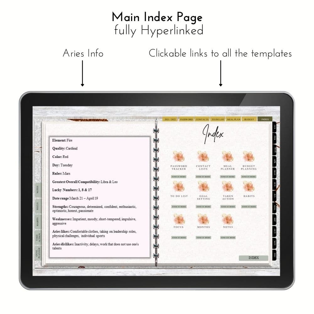 Main index screen on an ipad for the zodiac digital planner for aries