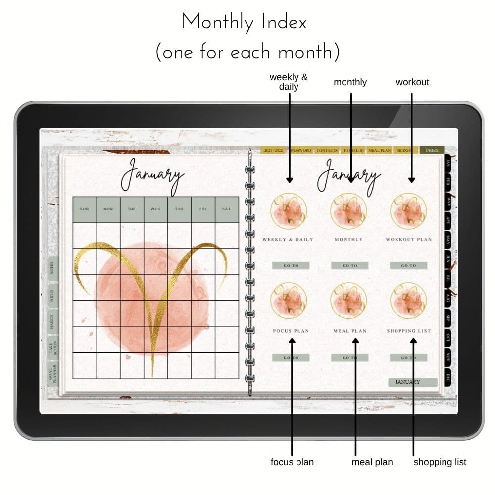 aries zodiac digital planner on an ipad monthly index