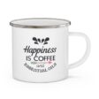 white background with camping mug and quote happiness is coffee and essential oils