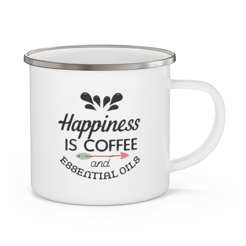 Happiness is coffee and essential oils white background with camping mug and quote happiness is coffee and essential oils