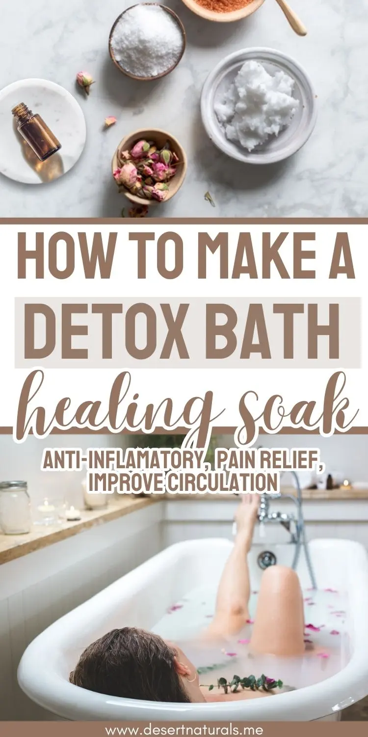 bowls of salts and oils and a woman soaking in a detox bath