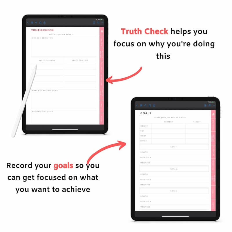 mockup of the digital weight loss and fitness planners on ipads