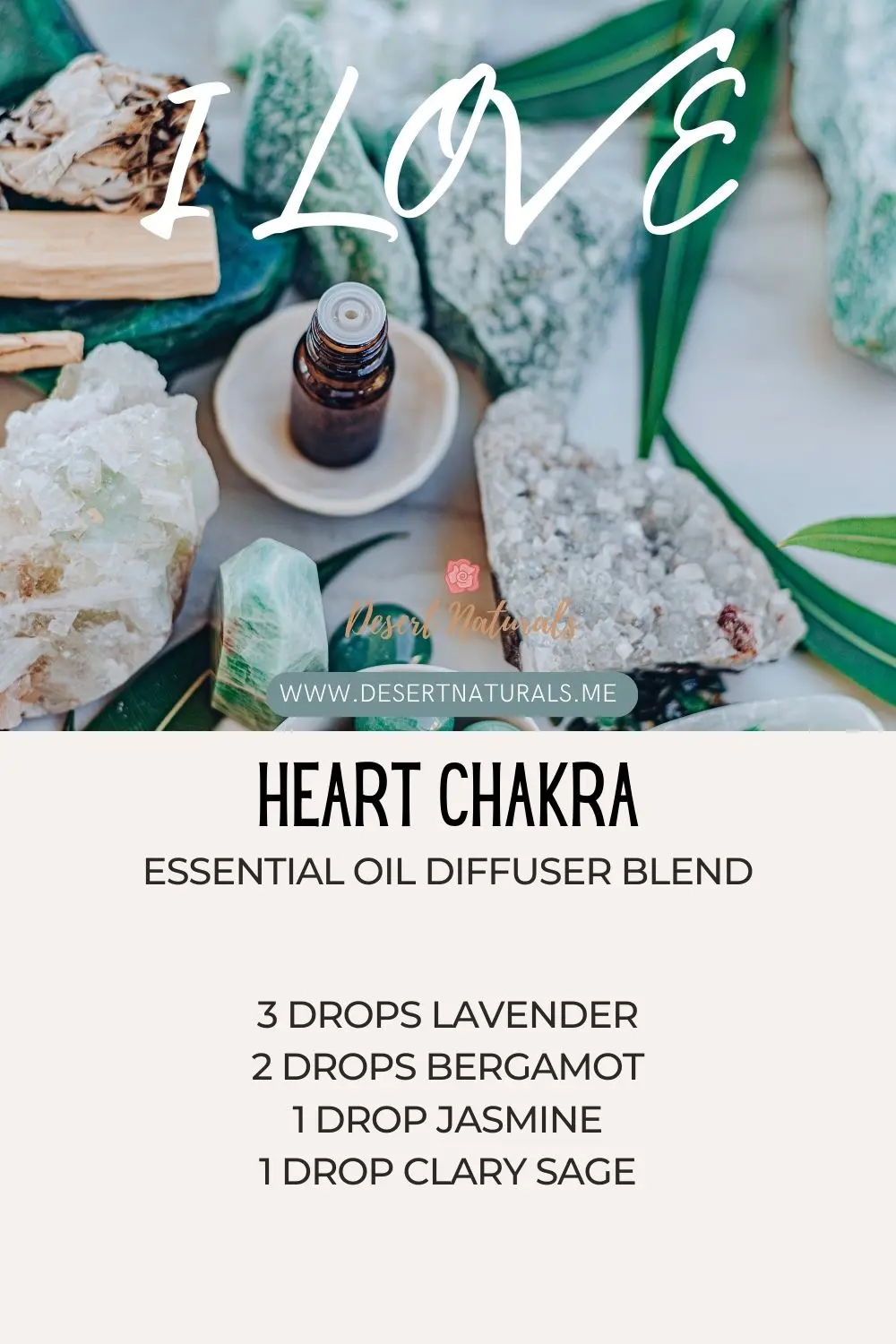 essential oil diffuser blend for the heart chakra with image of oil bottle, green crystals