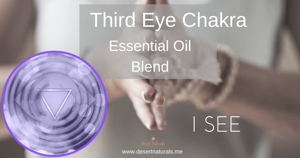Third Eye Chakra graphic with a womans hands meditation and text for Essential Oil Blend
