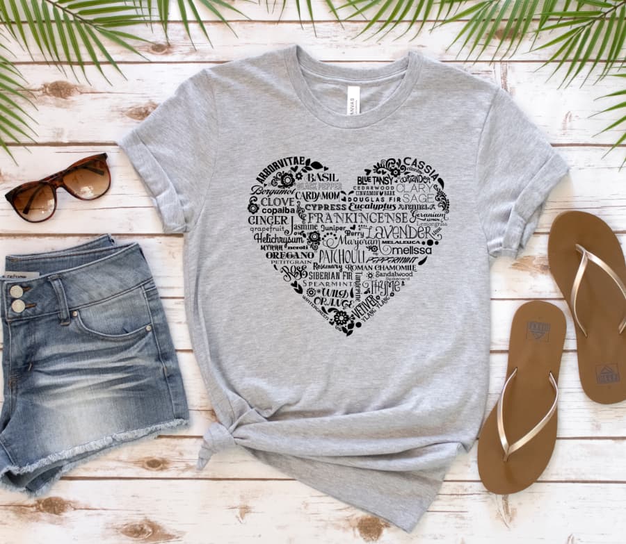 mockup of tshirt with essential oil word art in a heart shape