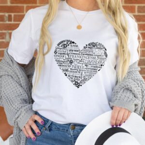 photo of woman wearing white essential oil word art in a heart shape