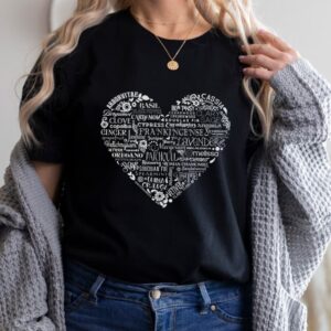 model wearing the word art heart essential oil shirt