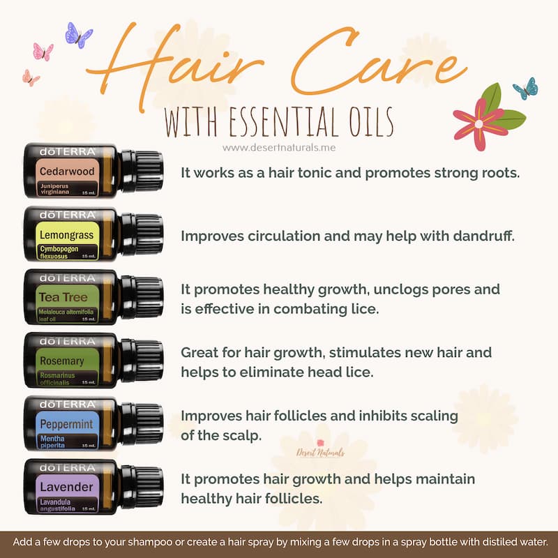 doTERRA Essential Oil bottles and text with their explanation of why they are great for hair care
