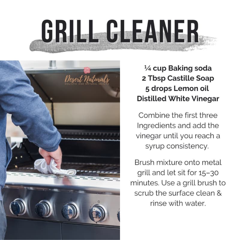 image of a man's arm and hand cleaning a grill and a diy grill cleaner recipe with essential oil