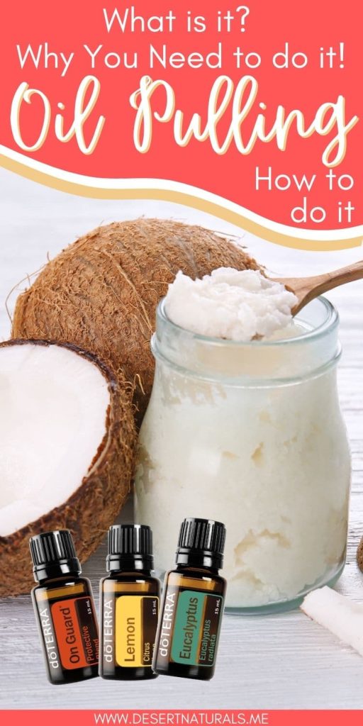 jar of coconut oil, cconuts, and doterra essential oil bottles for oil pulling