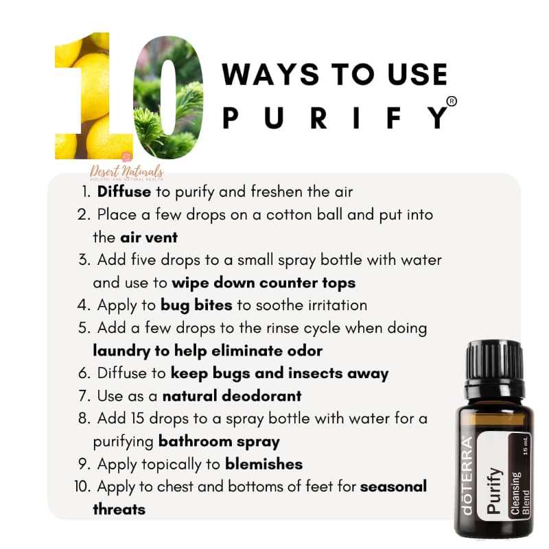 a bottle of doterra purify essential oil and list of 10 ways to use it