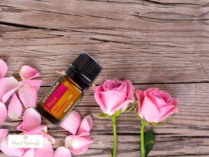pink roses on wood with a bottle of doTERRA Rose essential oil