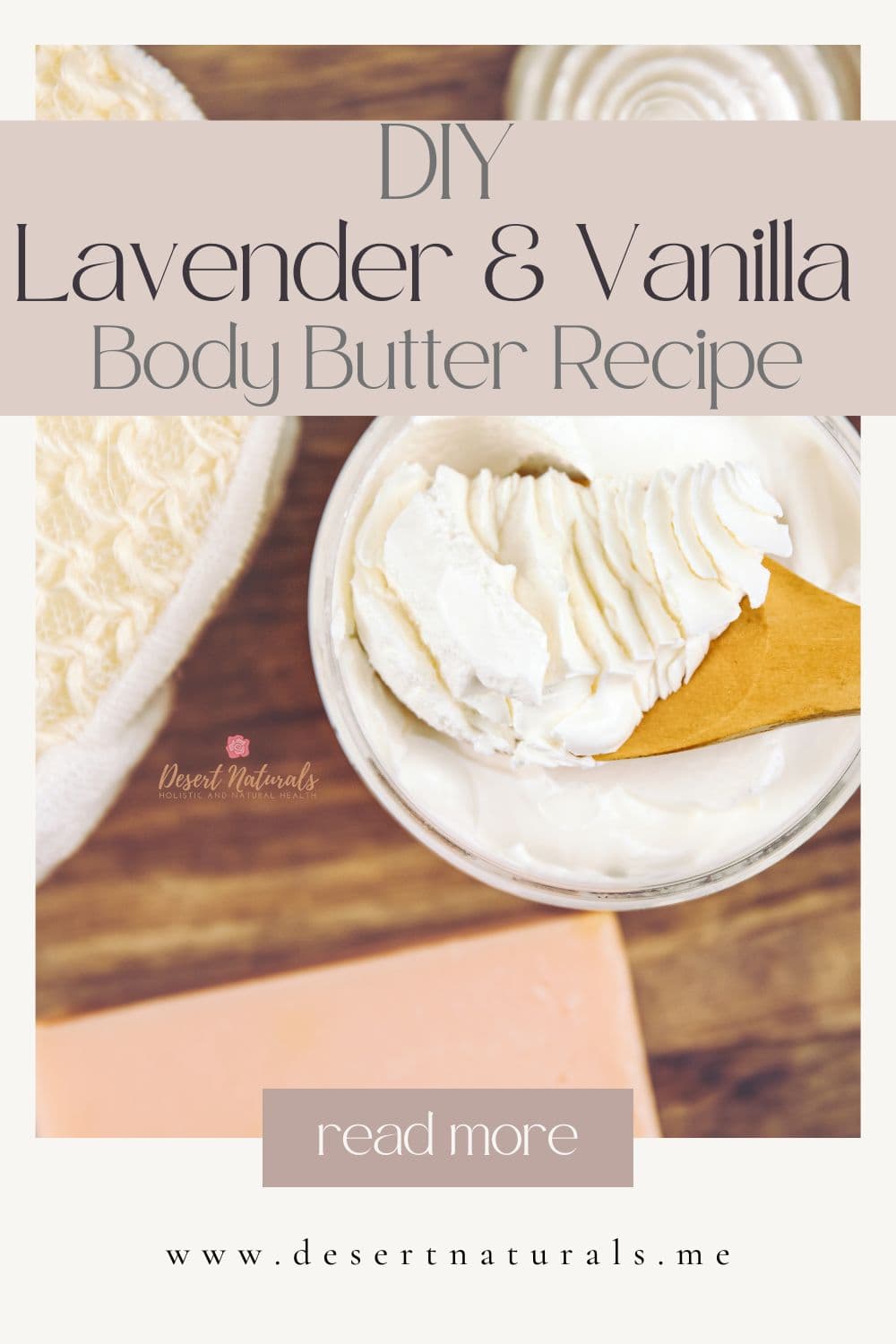 homemade body butter image with text DIY lavender and vanilla body butter recipe