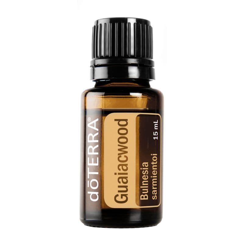 image of bottle of doterra guaiacwood essential oil on white background