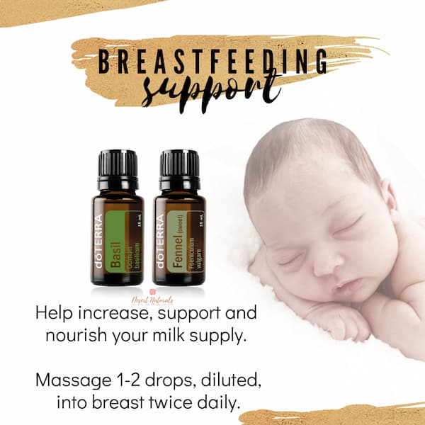 fennel and basil essential oils shown with an image of a baby and text that they can support milk supply while breastfeeding