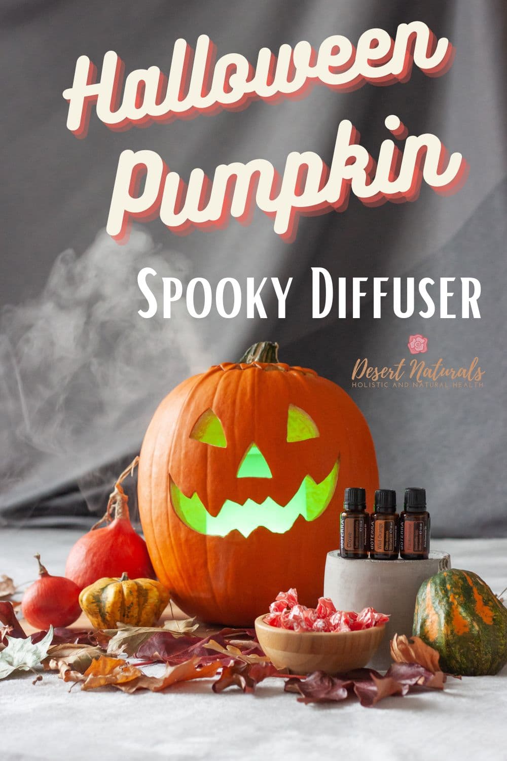 image of halloween pumpkin with diffuser inside it and doterra essential oils